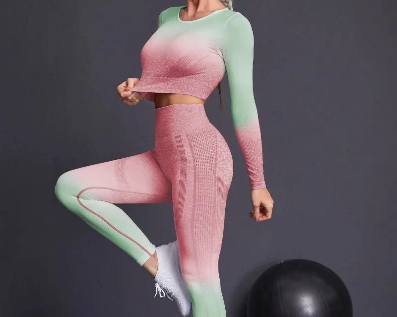 

Seamless Yoga Sets Sports Fitnes High Waist Hip Raise Pants Long-Sleeved Suits Workout Clothes Gym Shorts Set for Women