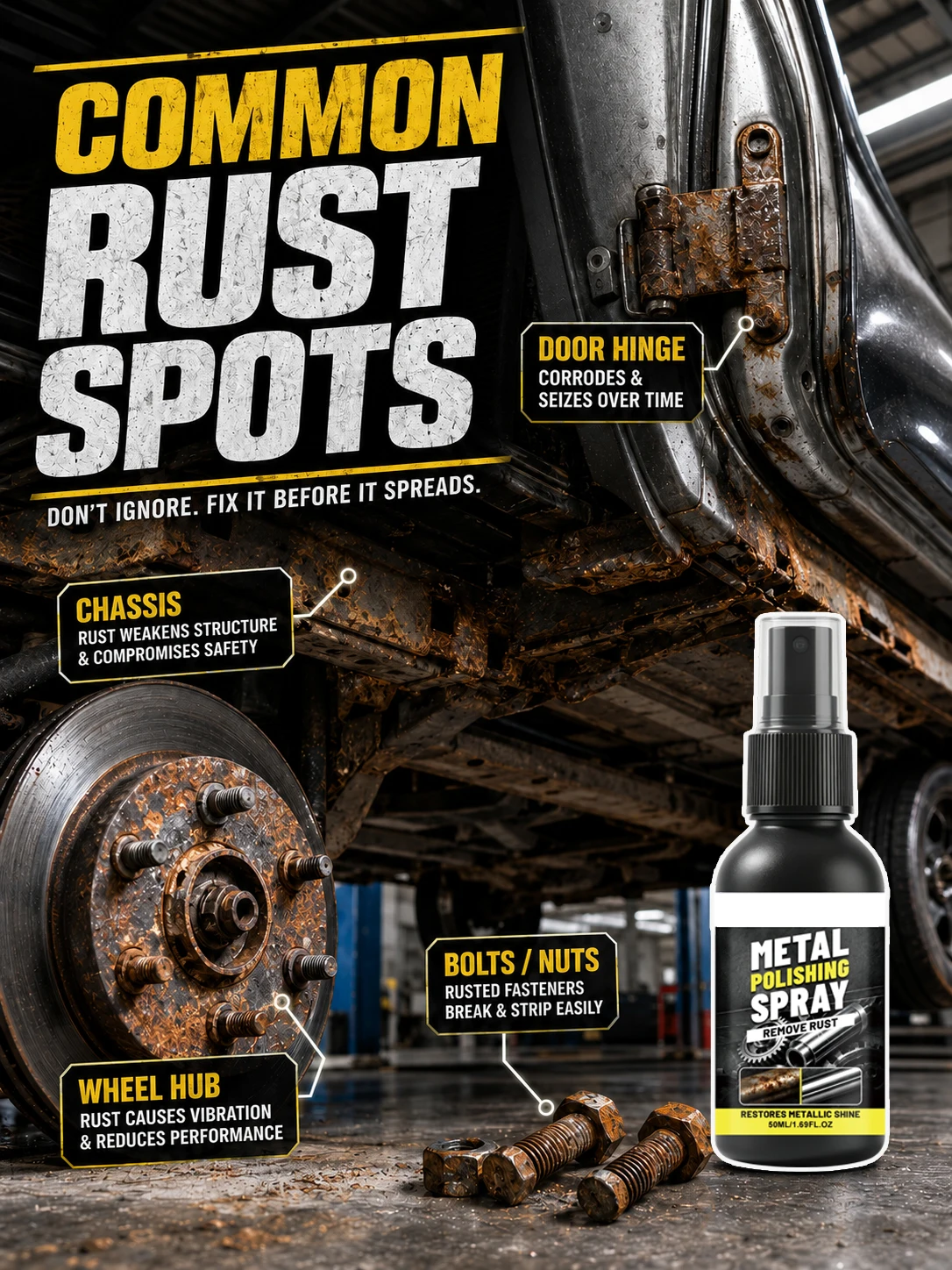 Vehicle Metal Component Rust Treatment Spray Lubricate Rusted Fittings Clean Surface Rust Deposits