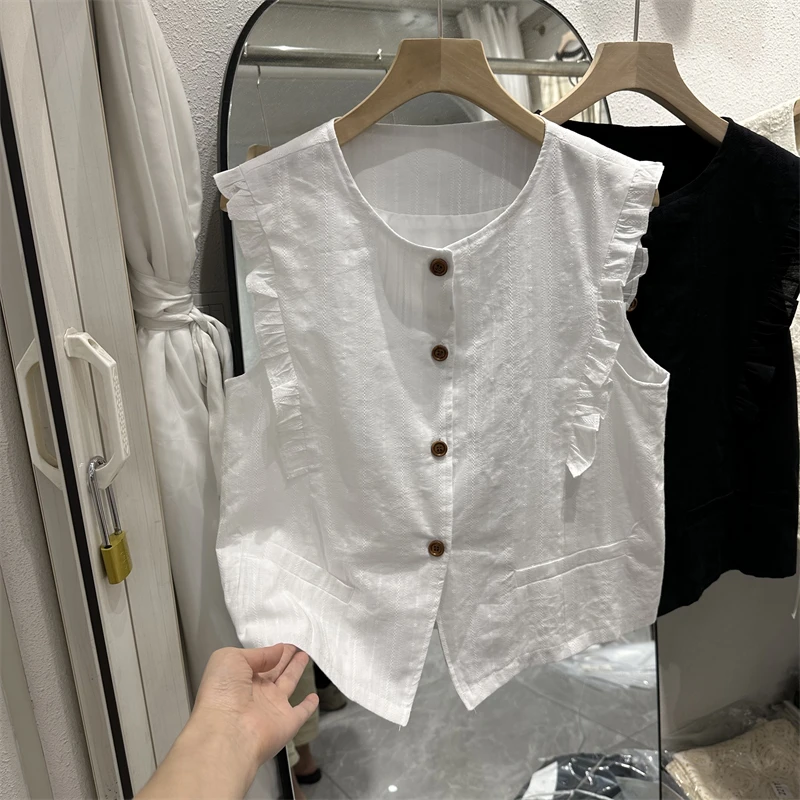 

Fashionable Splice Sleeveless Women's Shirt Vest 2024 Summer New Style Wooden round Neck Short Length Korean Version