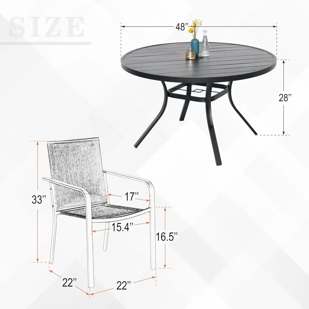 7-Piece Outdoor Patio Dining Set, 6 Stackable Chairs & 48-inch Round Weather-Resistant Table with Umbrella Hole for Lawn,Deck,Ba