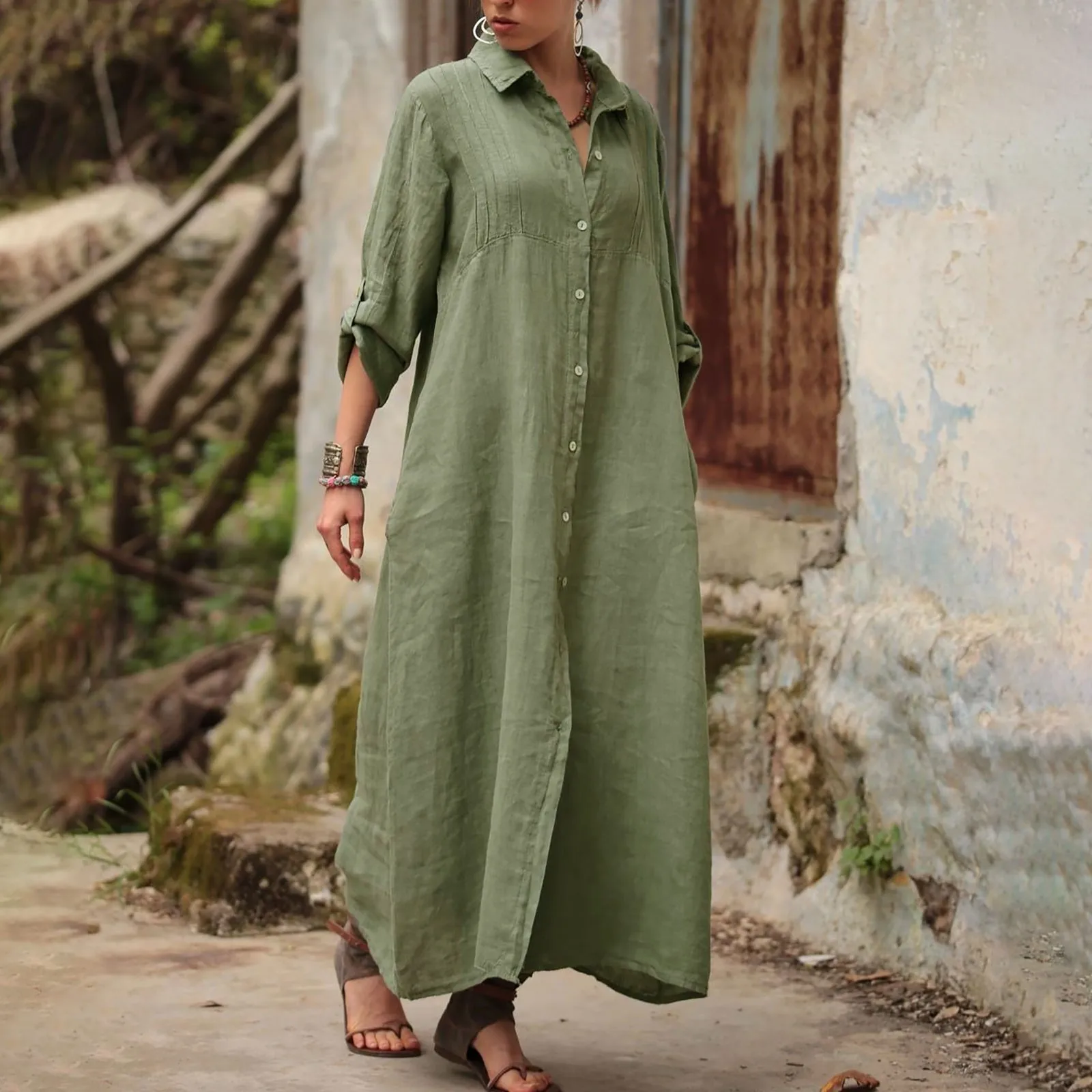 

Solid Color Shirt Long Dress Women Summer Casual Turndown Collar Long Sleeved Maxi Dress Female Fashion Button Loose Shirt Dress