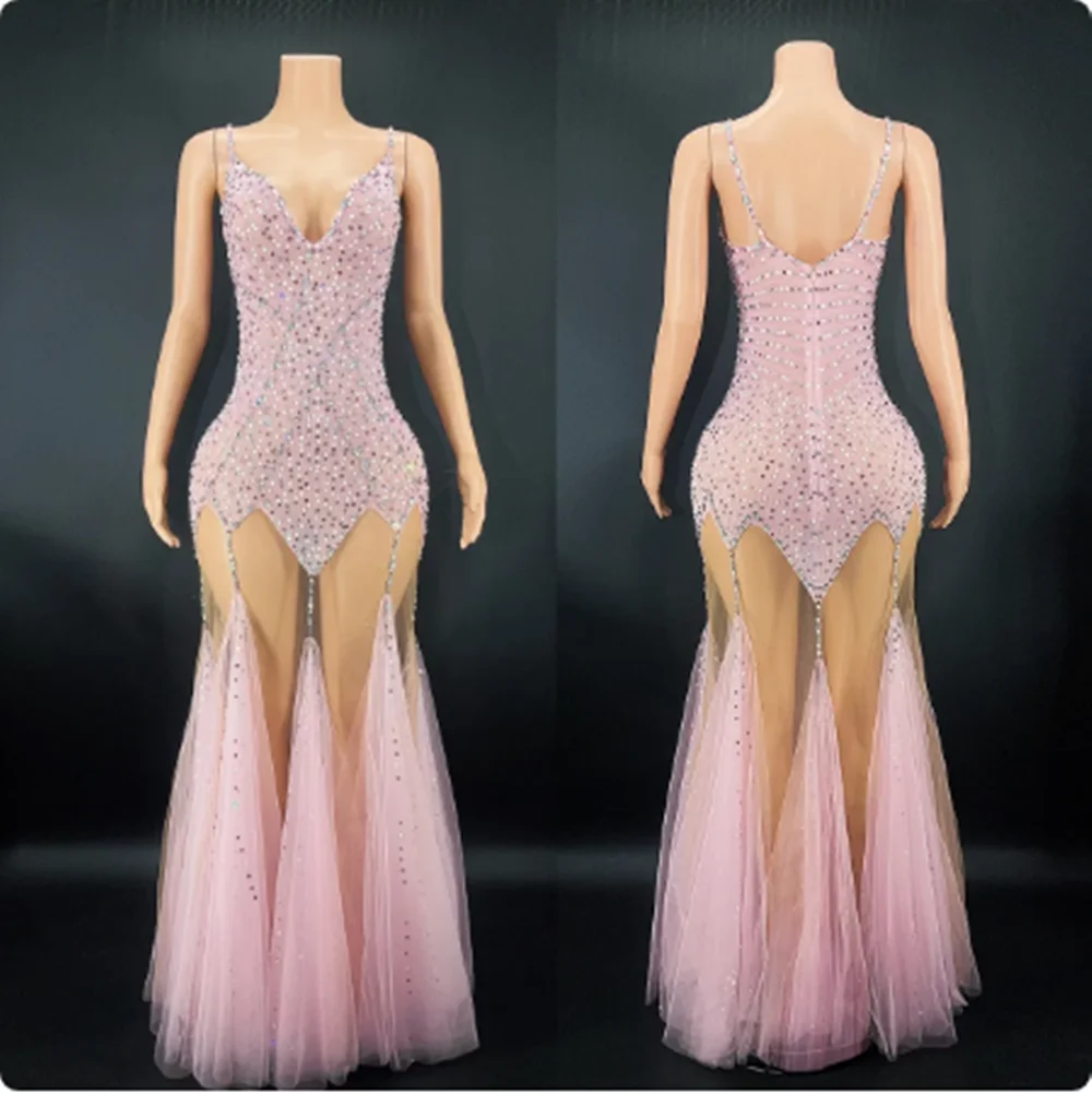 

Full Rhinestone Multi-Color Mesh Evening Dress Drag Queen Costume Singer Performance Stage Wear Party Festival Clothing
