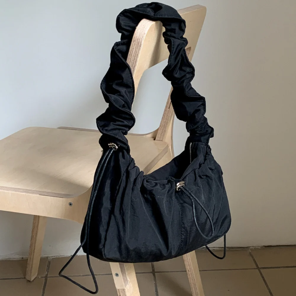 Simple Drawstring Pleated Shoulder Bag Y2K Korean Style Cloud Crossbody Bag Balletcore Large Capacity Nylon Underarm Bag Lady