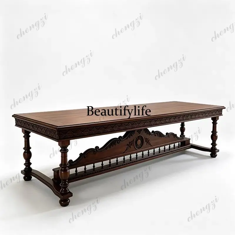 French American solid wood carving flower dining table rectangular large dining table antique dining table and chairs