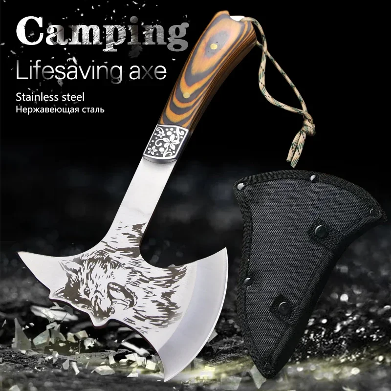 Wolf-head Machado com Punho de Madeira Maciça Alta Dureza Camping Fogo Logging Multi-purpose Defesa ao ar Livre Aço Inoxidável