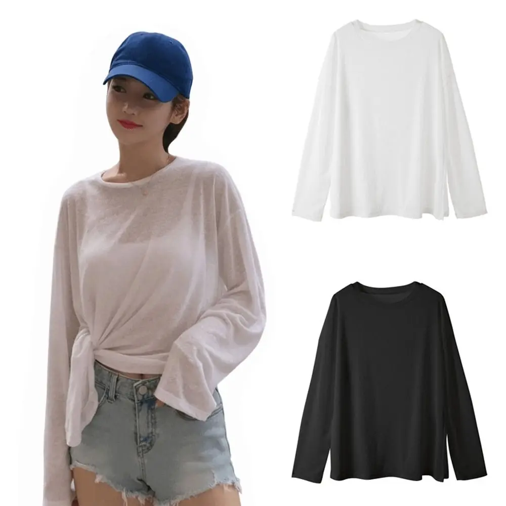 

Thin Plus Size T-Shirt Breathable Round Neck Sun Protection Cover Stretchy Lightweight Outerwear Inner Match Sun Protection