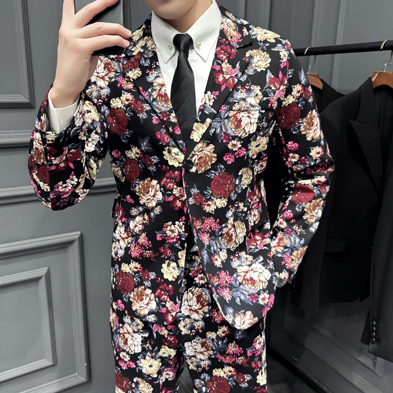 Navy Blu Men's 2-Piece Printed Suit Single Button V-Collar Cotton Jacket with Trousers Asian Fit M-5XL All-Season Wear