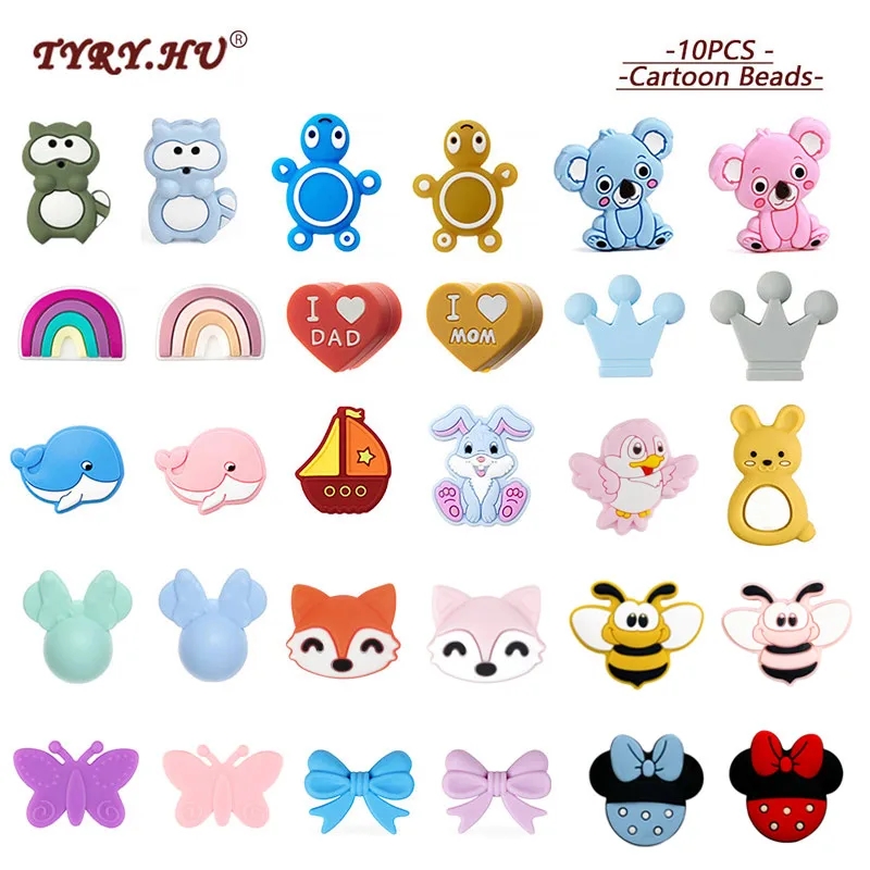 TYRY.HU 10pcs Silicone Animal Cartoon Baby Beads Turtle Mickey  For DIY Pacifier Chain Necklace Baby Care Products Accessories