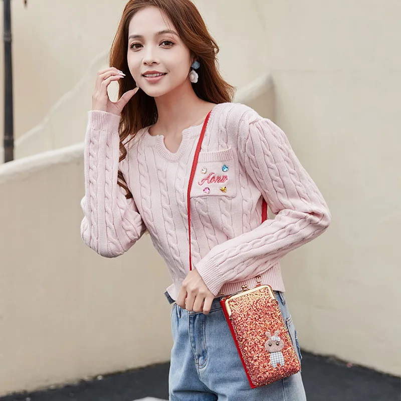 المرأة لطيف الكرتون الترتر الديكور العمودي كليب حقيبة موضة جديدة المتخصصة تصميم Crossbody محفظة الهاتف المحمول لفتاة B1 #2