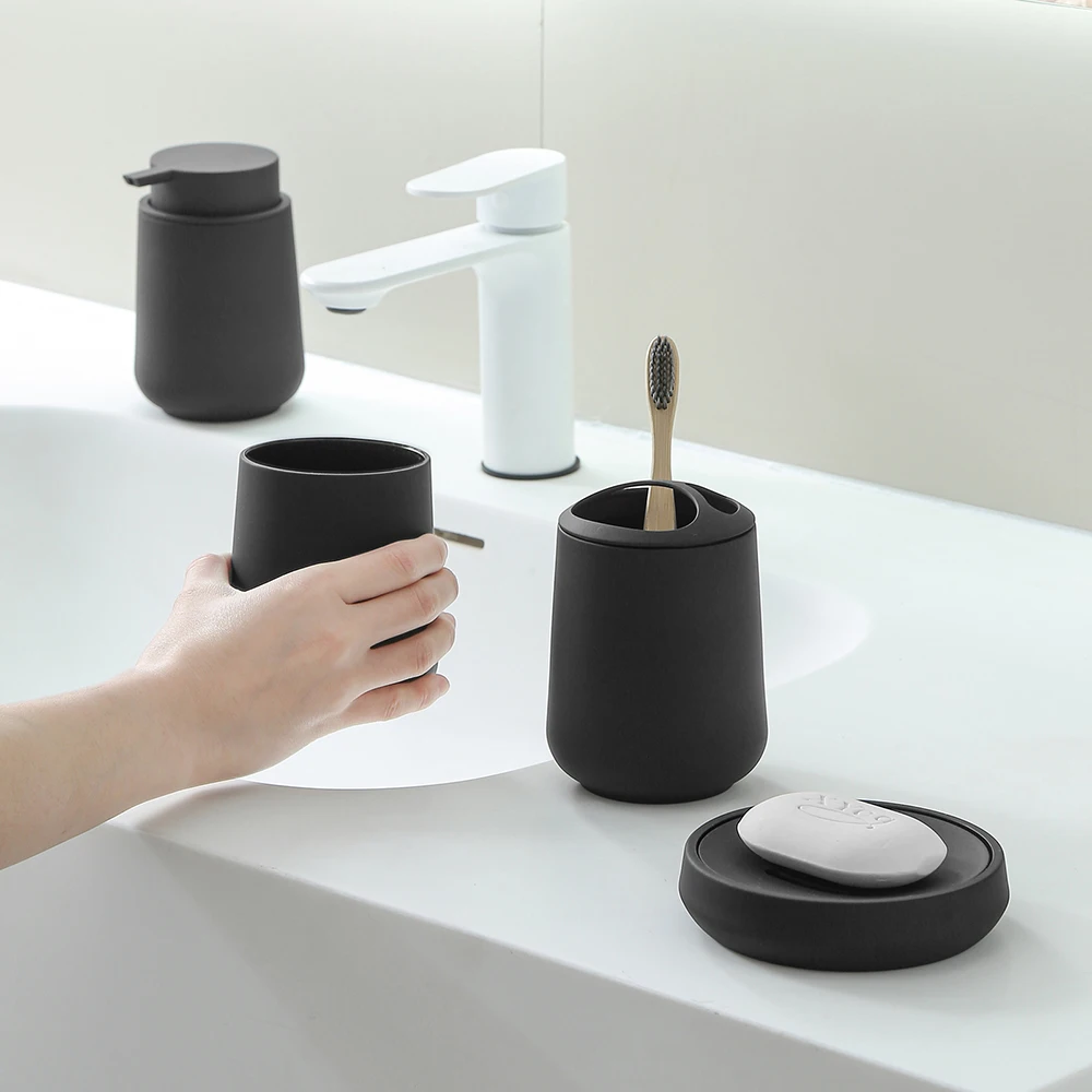 Bathroom Accessories 4pcs set Soap Dispenser Toothbrush Holder Cup Soap Dish Bathroom Decoration Storage Matte Black