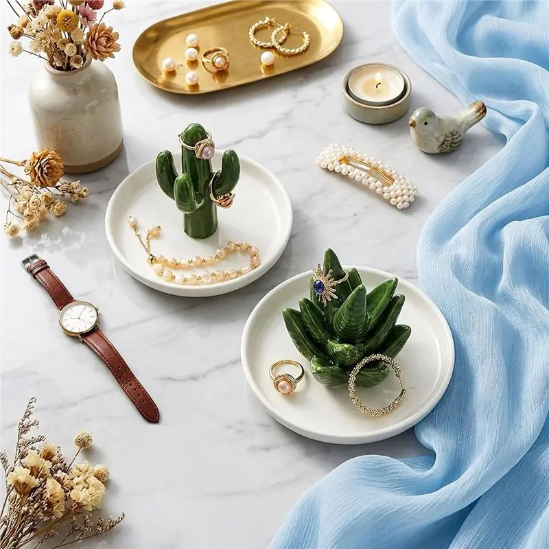 A68P-Set Of 2 Aloe And Cactus Ring Holder Dish, Plant Jewelry Dish Bracelet Earrings Necklace Organizer Tray