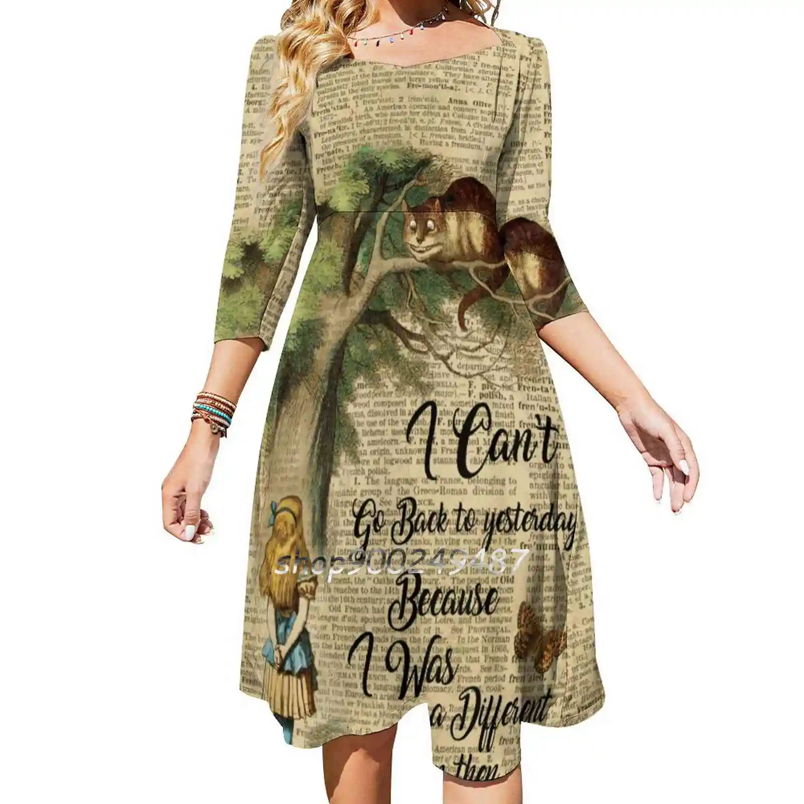 Alice In Quote , Cheshire Cat , Vintage Dictionary Art Square Neck Dress Cute Loose Print Dresses Elegant Beach Party Dress