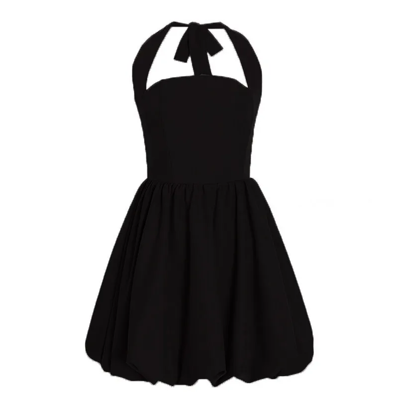 Sexy Backless Halter Little Black Mini Dress Slash Neck Sleeveless A Line Party Dress Short Ball Gown Summer Chic Puffy Dress