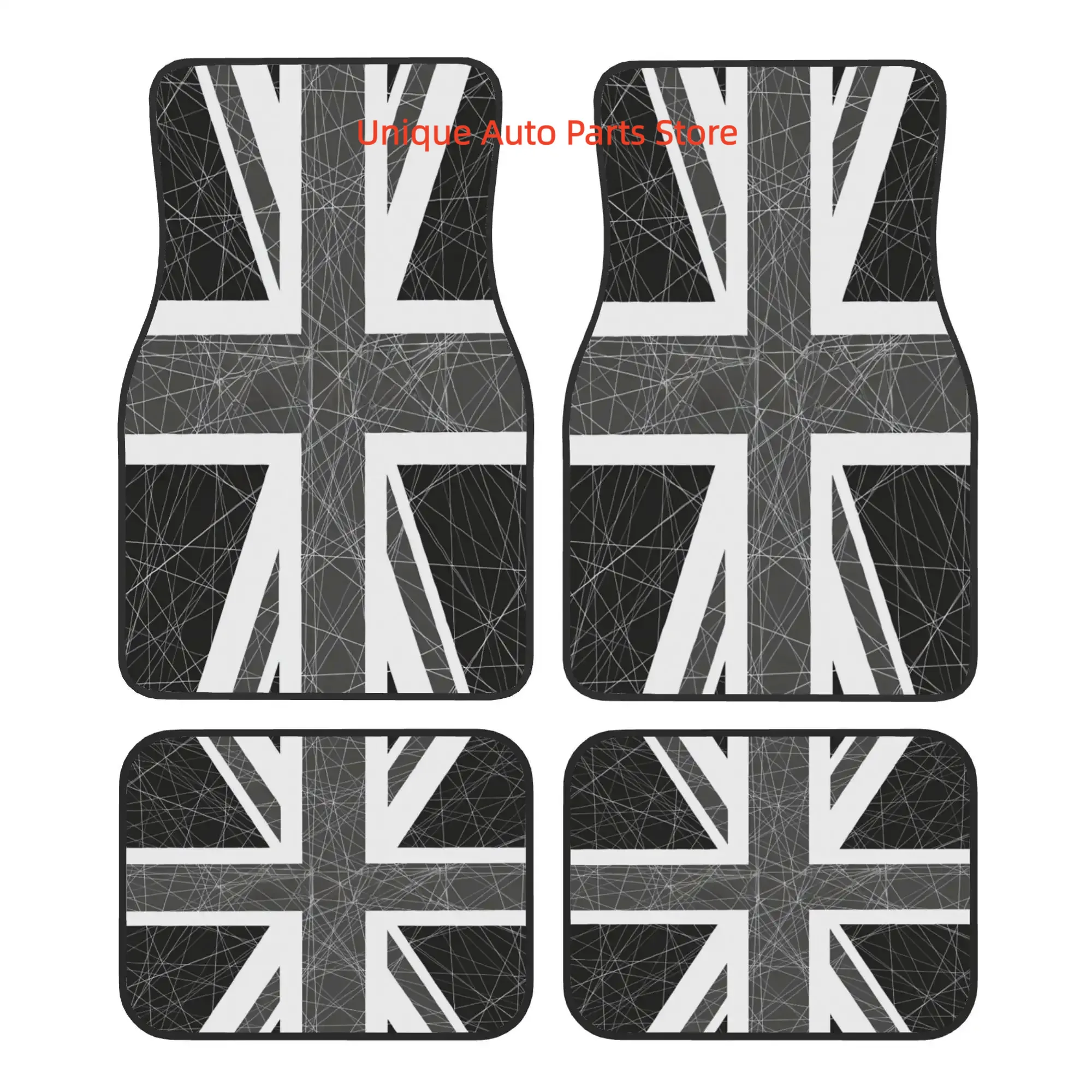 Set of 4 Monochrome Union Jack Flag Car Floor Mats, Made from Durable Polyester Fiber for Vehicles – Fun Design & Long-Lasting I