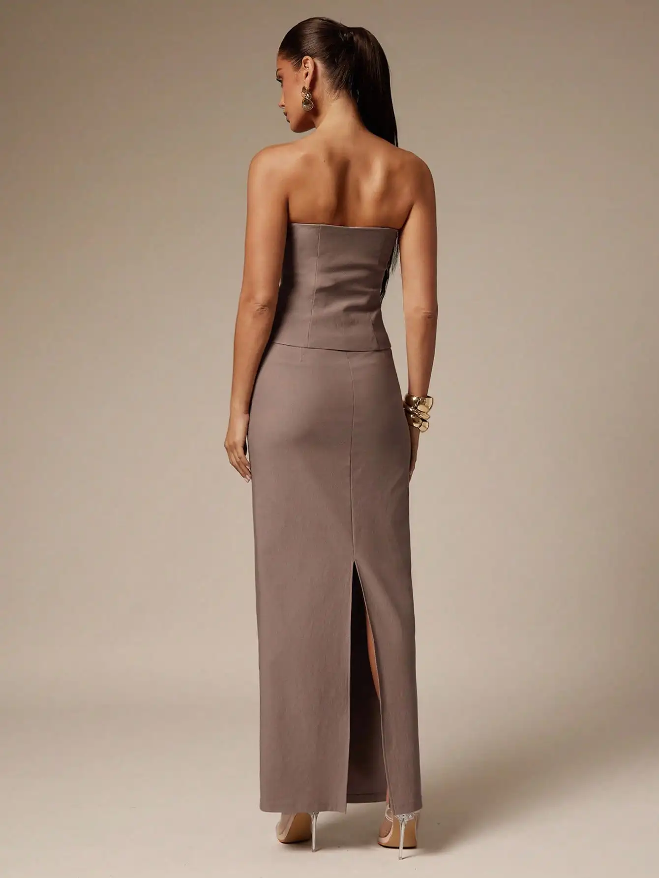 여성용 미니멀리스트 튜브탑 & 롱 스커트 2피스 세트, 카키색, 데이트나 출퇴근용 우아한 오피스룩