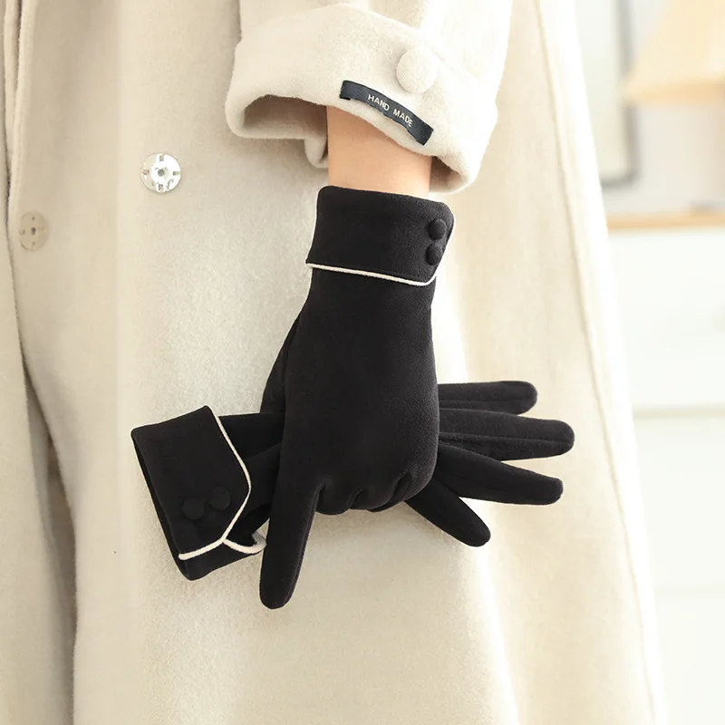 Winter Fleece Lined Thickened Windproof Warm Driving Cycling WomenTouchscreen Gloves Retro Elegant Button Wrist Soft Luxury