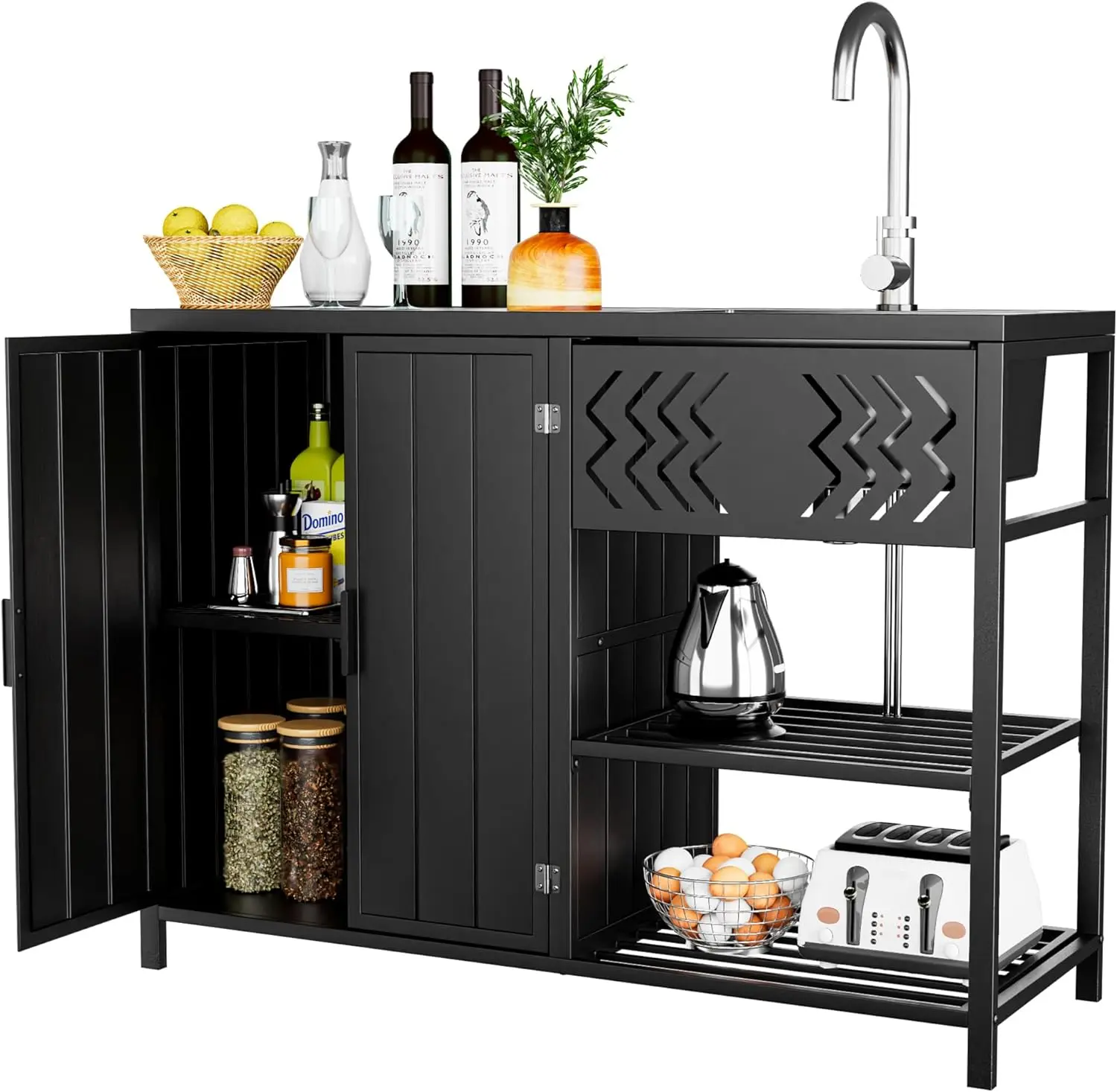 

48 Inch Iron Utility Sink Cabinet with Stainless Steel Sink & Faucet, 2-Door Enclosed Storage Cabinet and 2-Shelf Open Unit for