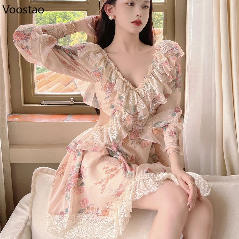 

Autumn Sweet V-Neck Floral Dress Women Elegant Long Sleeve Lace Ruffles Party Mini Dresses Female Sexy Backless Beach Vestidos
