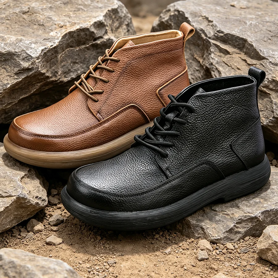 LIHUAMAO Cow Leather Work boots motorcycle boots western boots casual Men Shoes outdoor footwear thick sole hiking boots