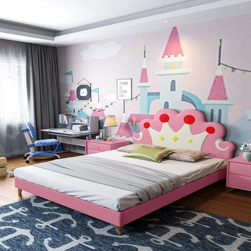 *Modern Princess Single  Solid Wood Cotton Upholstered Crown Design room Kids'  Comfortable Princess