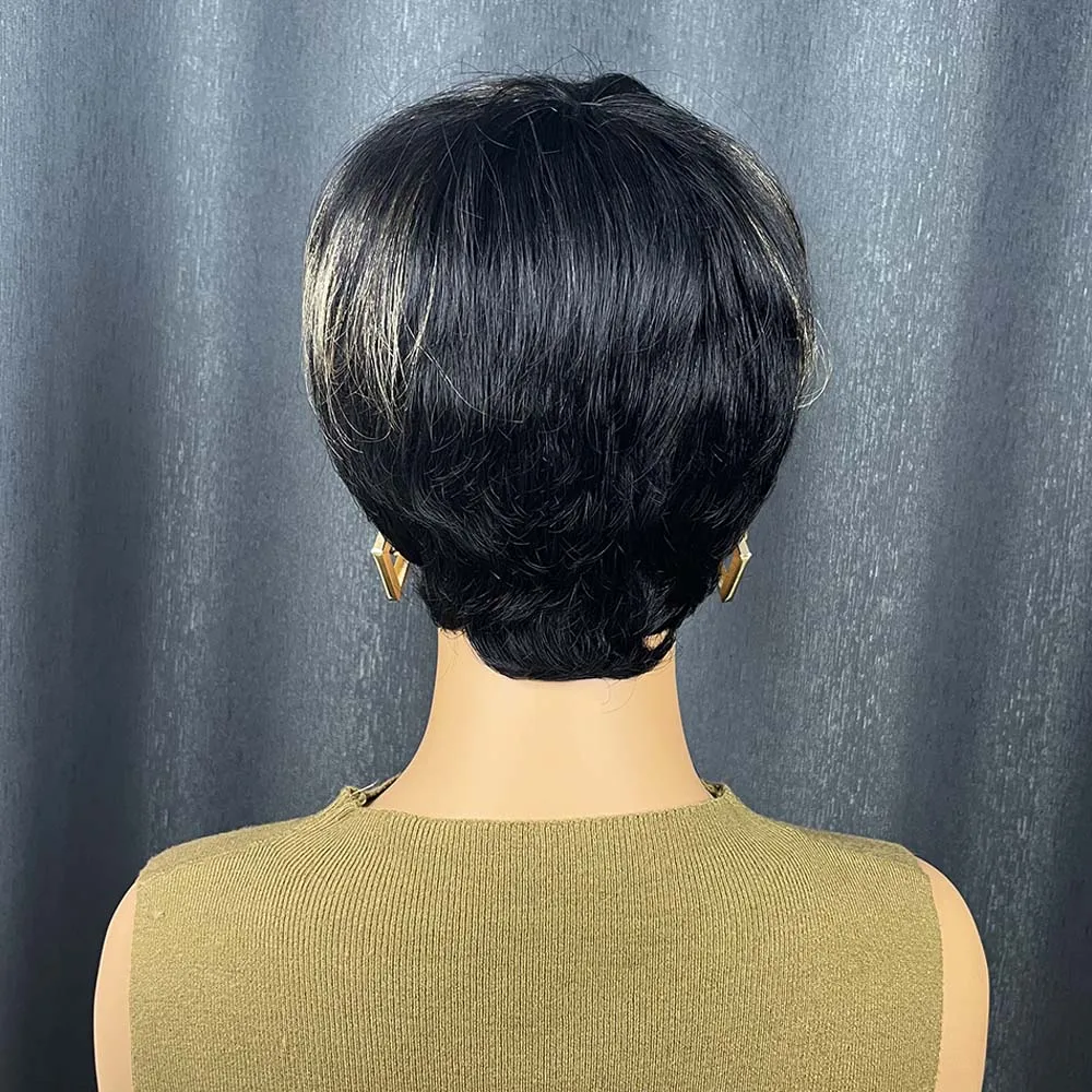 Pelucas de cabello humano Pixie para mujeres negras, reflejos rubios, cabello humano Remy corto y recto, peluca hecha a máquina con flequillo