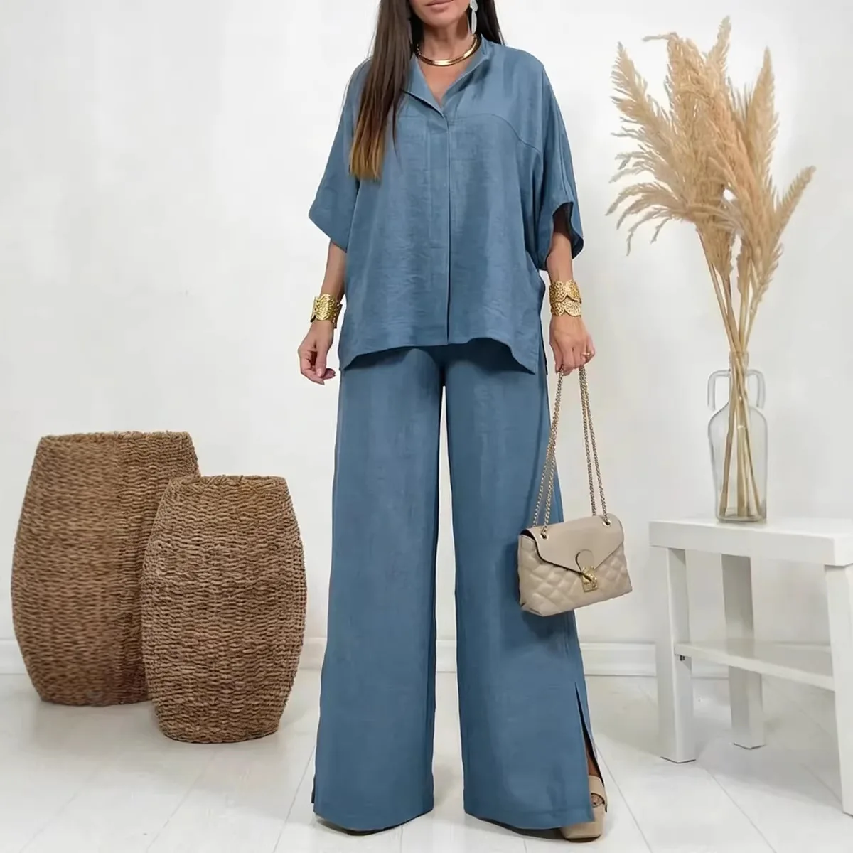 2026 Summer New Women's Casual Solid Color Loose Shirt Two Piece Set