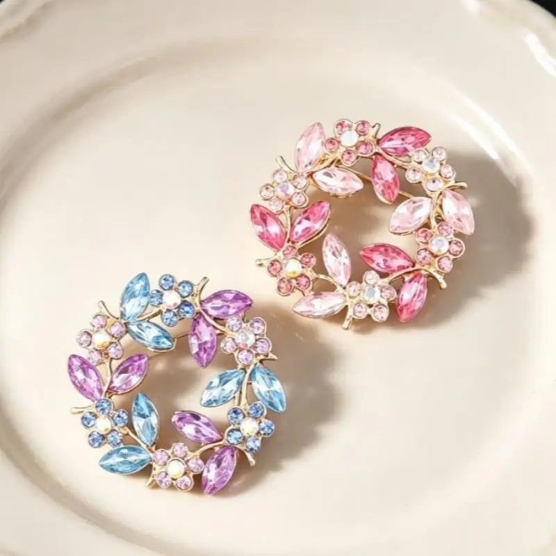 Sparkling Crystal Floral Wreath Brooch Gold Plated Colorful Rhinestone For Wedding Daily Outfit Decoration