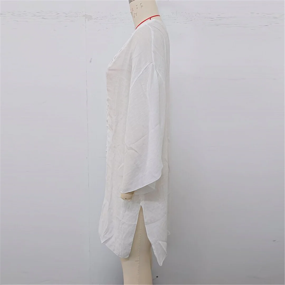 V-Ausschnitt, lange Ärmel, mit Ausschnitten versehen, gehäkelt, gestricktes Tunika-Oberteil, Strandkleid, Strandbekleidung, Damen-Strandkleid, Strandüberwurf, Damen V7580 – Detail 15