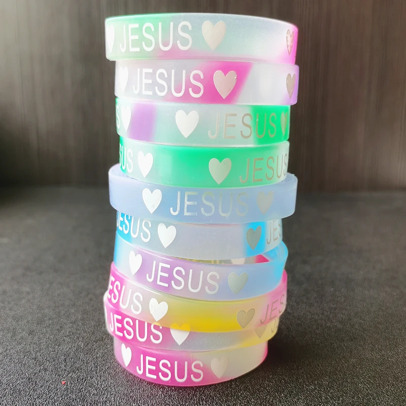 20PCS Bulk Jesus Love U Silicone Band Mixed Color Sparkle Christian Bracelets for Men Women Religious Vintage Jewelry God Gifts