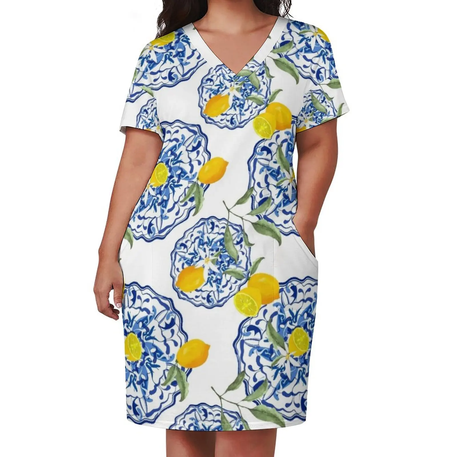 Simple Summer,citrus,mosaic background ,Mediterranean style,lemon fruit pattern Loose Pocket Dress long dress women