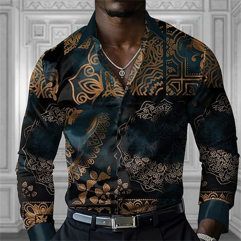 3D Gradient Texture Print Men's Casual Fashion Long Sleeve Shirt Street Commuter Men's Shirt Outdoor Men Temperament Lapel Shirt