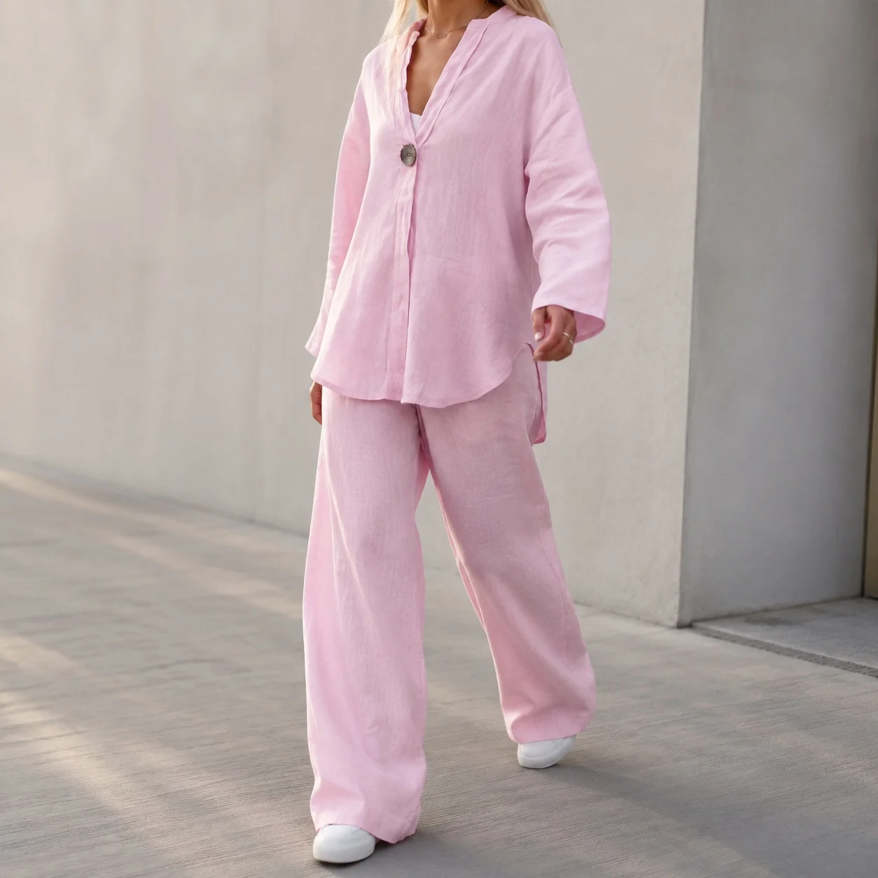 Casual Shirt Top and Full Length Long Pants with Literary Retro Character Pattern Regular Sleeve for Women Summer