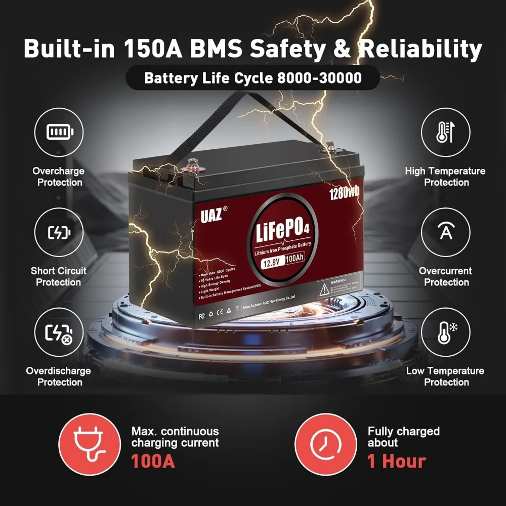 Bateria marinha de ciclo profundo de 12V 100Ah LiFePO4 1280Wh, com BMS de 150A, proteção de baixa e alta temperatura, à prova d'água, para casa