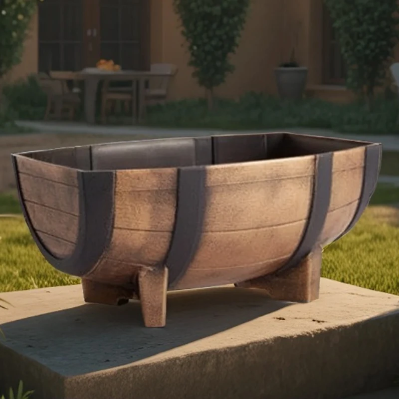 Creative Plastic Flower Pot Imitating Wooden Barrel Gardens Half Barrel Flower Planter Outdoor Planting Box Flower Trough