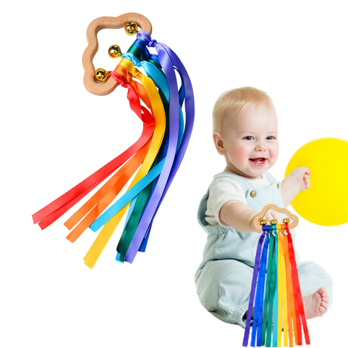 Toddler Rainbow Musical Dancing Sensory Ribbon Toy, Montessori Wooden Baby hanging grasp toy,Christmas birthday newborn gift