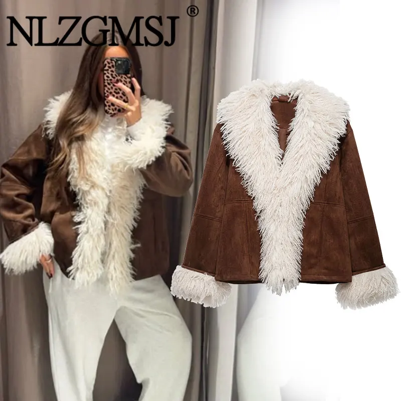 Nlzgmsj 2026 Winter  Women Vintage Brown Faux Suede Jacket Fluffy Faux Fur Collar Cuffs Cropped Coat Fashion Warm Outerwear