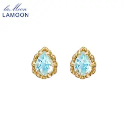 LAMOON Small Exquisite Natrual Aquamarine Earrings For Women Mini Stud Earring 925 Sterling Silver Gold Plated Fine Jewelry Gift