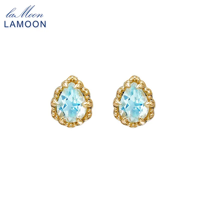 LAMOON Small Exquisite Natrual Aquamarine Earrings For Women Mini Stud Earring 925 Sterling Silver Gold Plated Fine Jewelry Gift