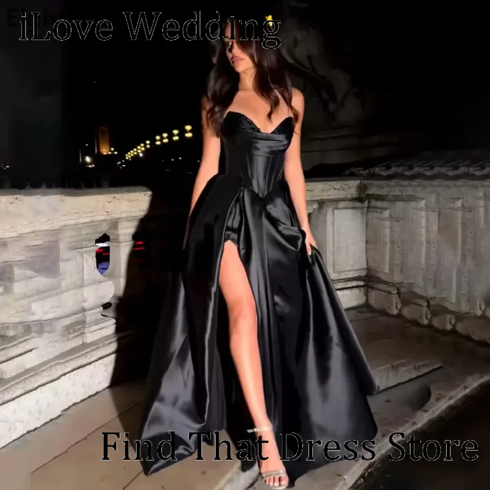 

Custom Made Black Off Shoulder Beading Formal Evening Party Dress Backless A-line Sie Slit Floor Length Prom Dress with Train
