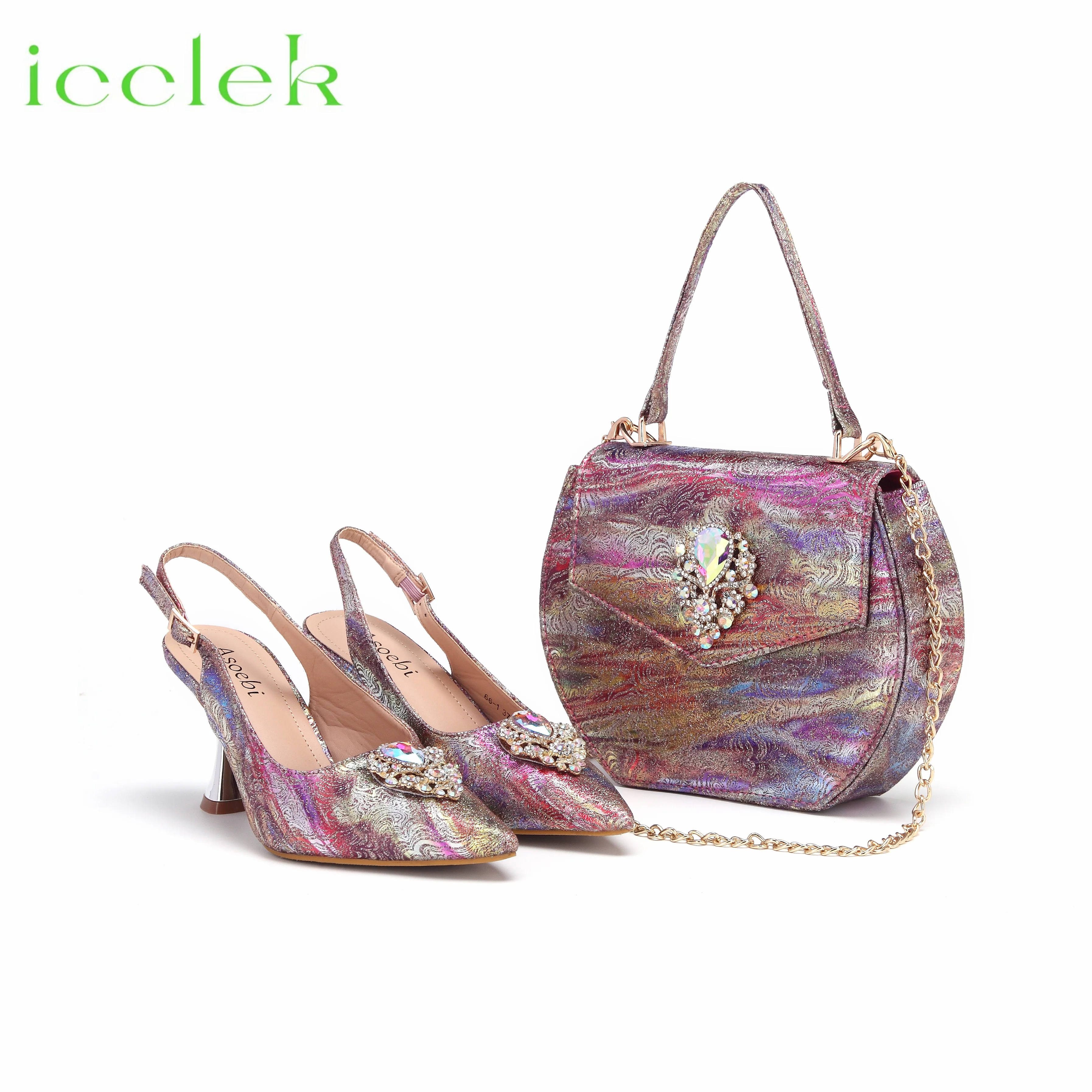 Colorful High Heels Shoes for Women Fashion Embroidery Rhinestone Italian Design Pointed Toe Shoes and Bags Set