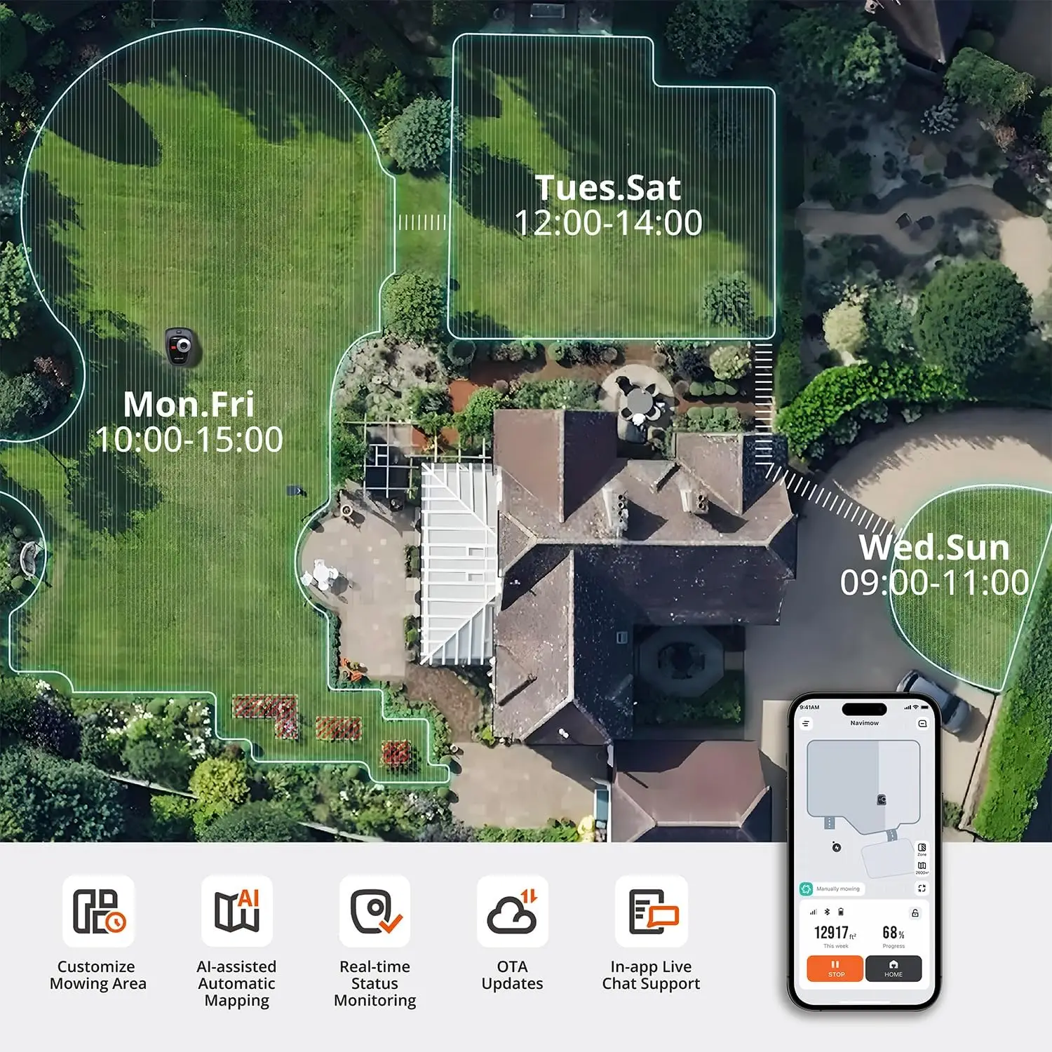 جزازة العشب الآلية خالية من الأسلاك 1/4 Acre RTK + رؤية جزازة العشب الآلية، رسم الخرائط بمساعدة الذكاء الاصطناعي، حدود افتراضية، التحكم في التطبيق