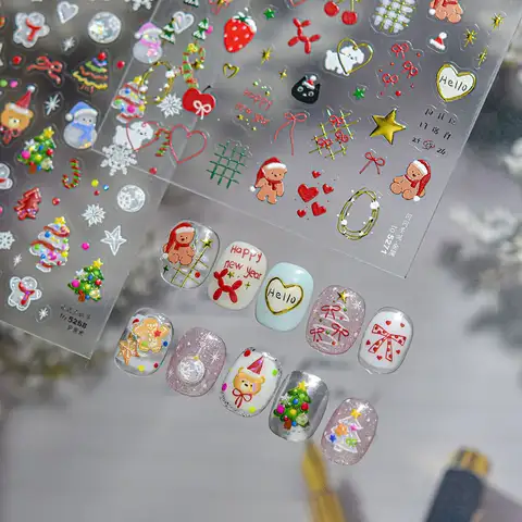 Autocollant pour ongles de noël en cristal de glace scintillant, mignon dessin animé ours chien pomme flocon de neige coquille lumière Nail Art autocollants décoration à faire soi-même