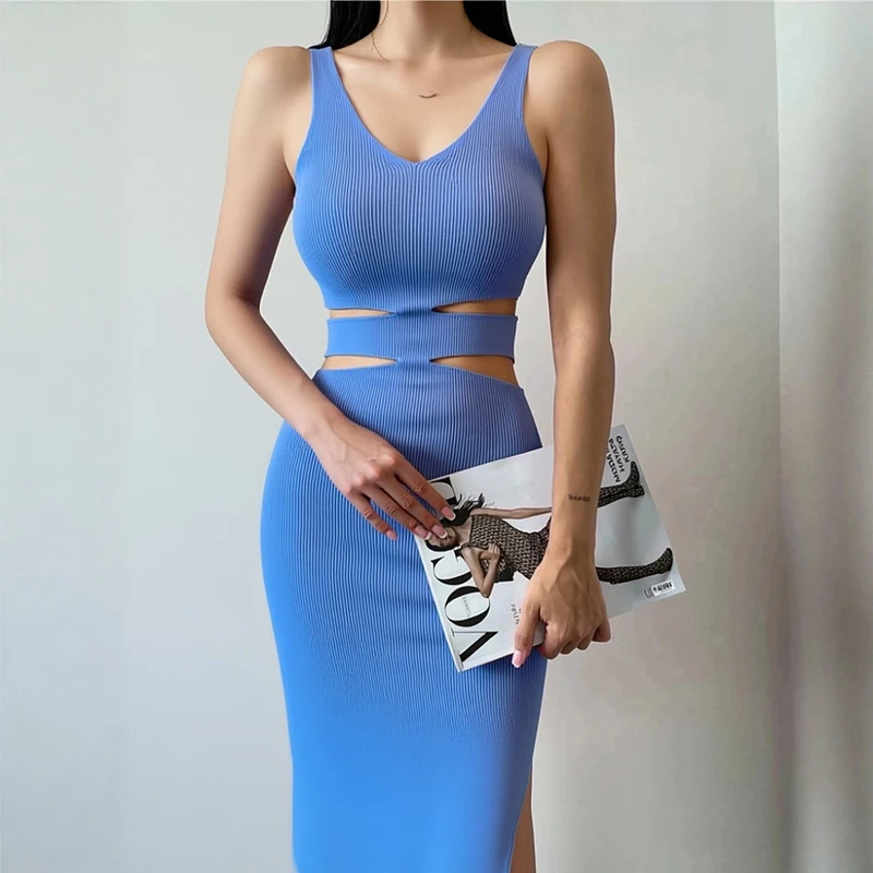유오무오 2026 신상 여성 니트 여름 원피스 섹시한 컷아웃 허리 패키지 힙 슬릿 바디콘 스웨터 원피스 시크한 여성 파티 선드레스