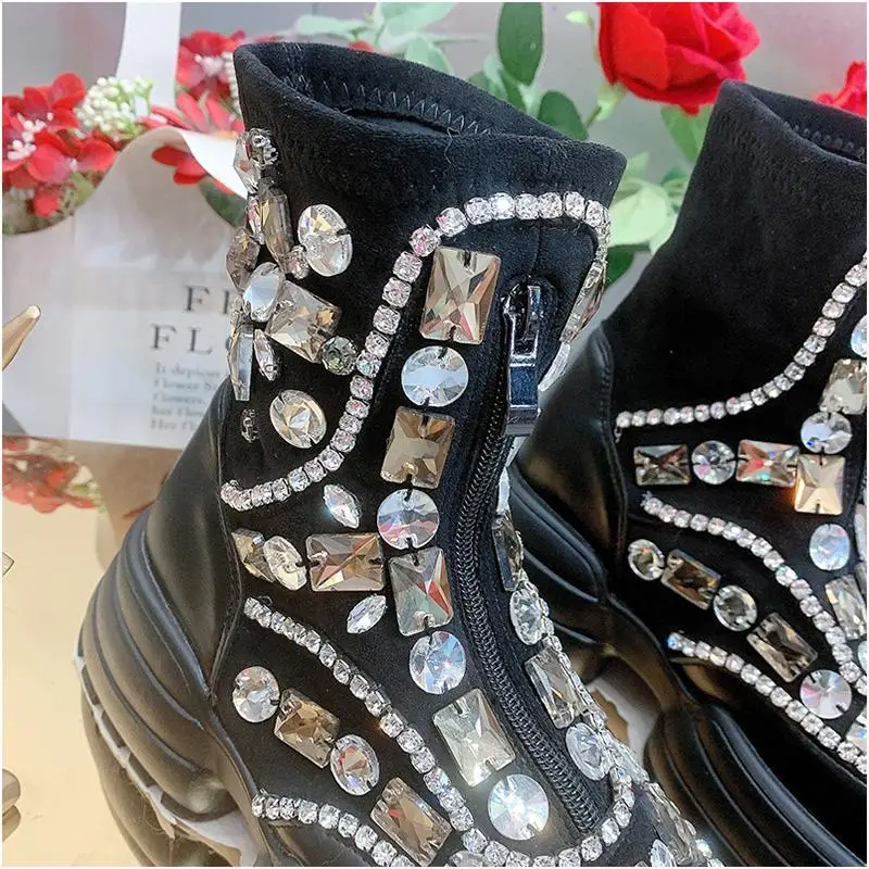 Luxury Punk Design Bling Rhinestones Crytal Beaded Women Fashion Ankle Boots Platform Thick Bottom Casual Shoes Female Footwear