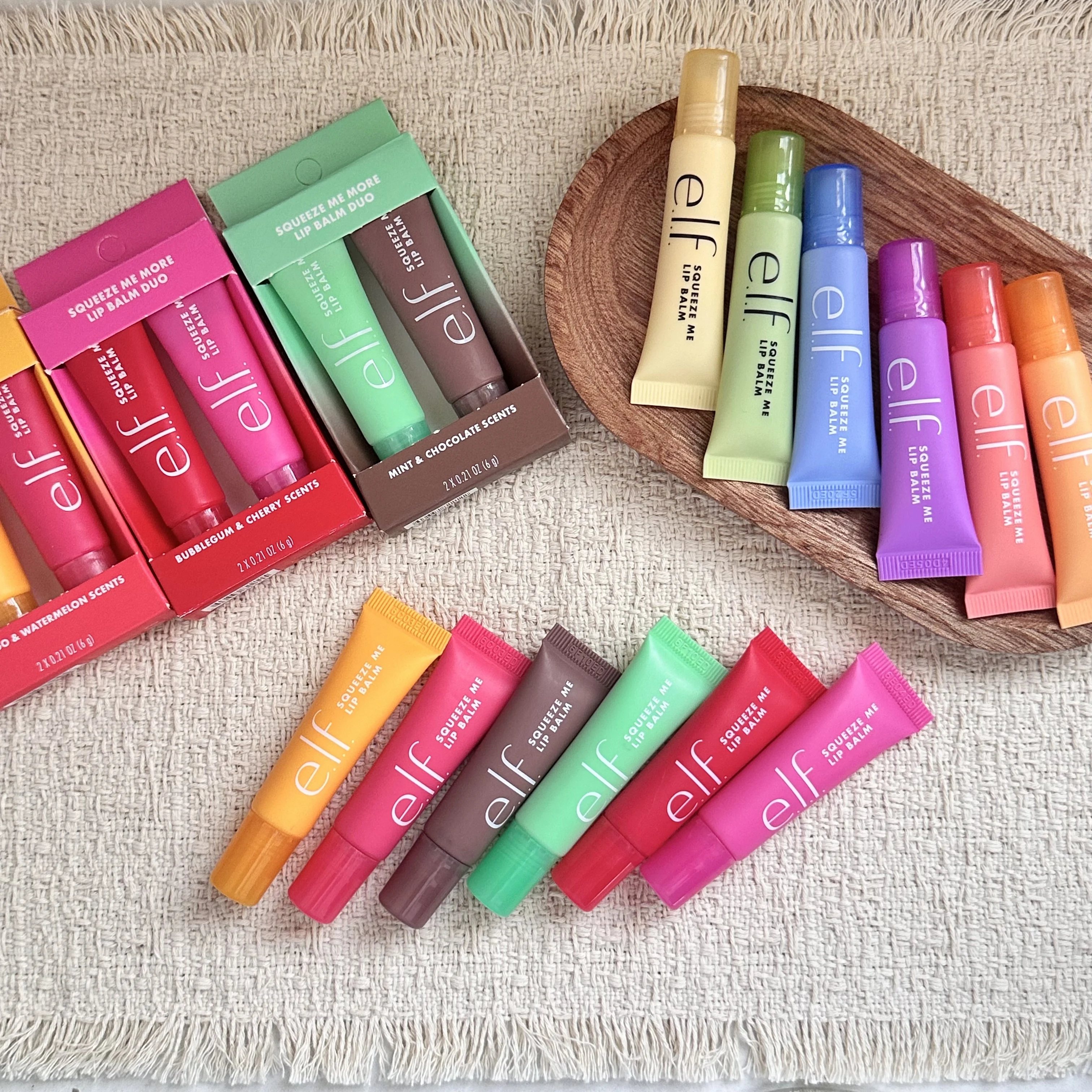 E.l.f Lip Gloss Two Tone Set with 3 Combinations Mango-Watermelon Bubblegum-Cherry Mint-Chocolate Squeeze Me More Lip Balm Duo