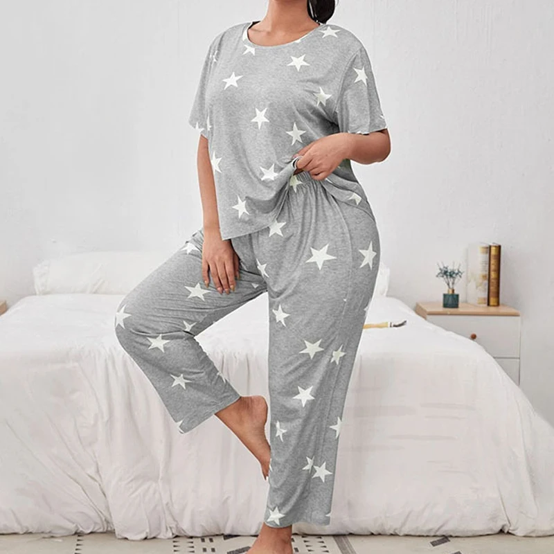 5XL Big Size Pajamas For Women Summer Autumn Faux Cotton Pajama Set  Short Sleeved Casual Loose Luxury Print Sleepwear Pijama