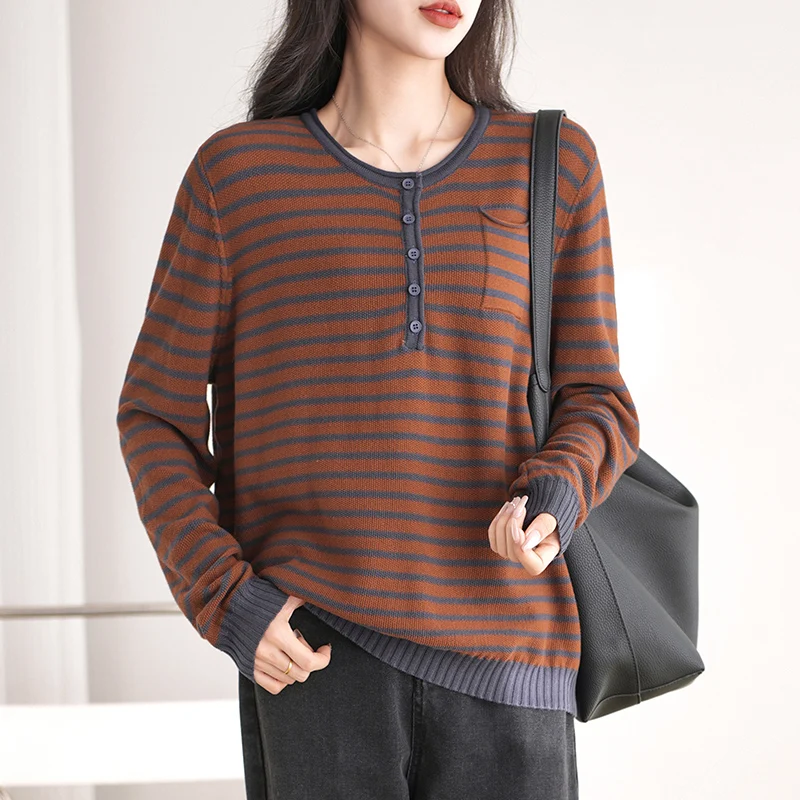 

Осень и зима, новый свитер из 100% хлопка, женский повседневный вязаный пуловер в полоску с круглым вырезом, свободный хит продаж, женский топ