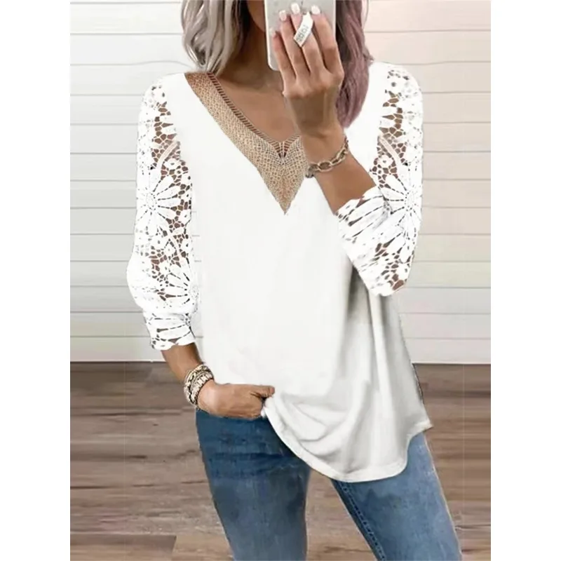 Autumn V-neck Lace Office Lady Blouse Spring Fashion Long Sleeve Hollow Chiffon Shirt Casual Tops Loose Clothes Blusas 25948