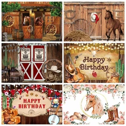 Cowboy Horse Theme Backdrop for Boys Western farm Cowgirl Birthday Party Flower Saddle Kids Portrait Photography Background