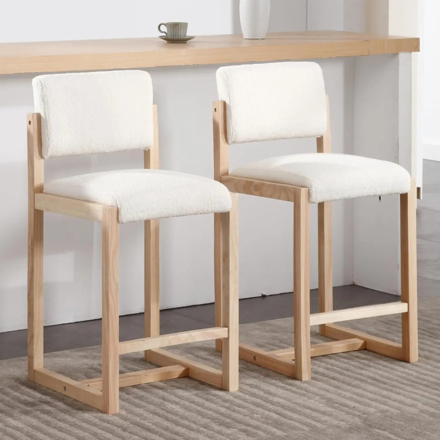

26in Sherpa Upholstered Counter Height Bar Stool Wood Legs Kitchen Home Cafe Chair Set 2 White, Custom
